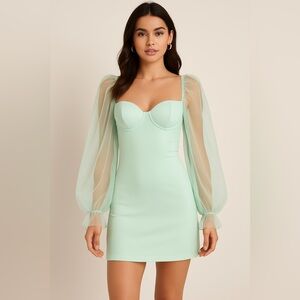 Eilly Bazar Mint Green Sheer Mesh Sleeve Mini Dress Size L